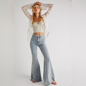 Free People Blue Flare Wide Leg Jeans Raw Hem 27 W Boho Festival Beach Western